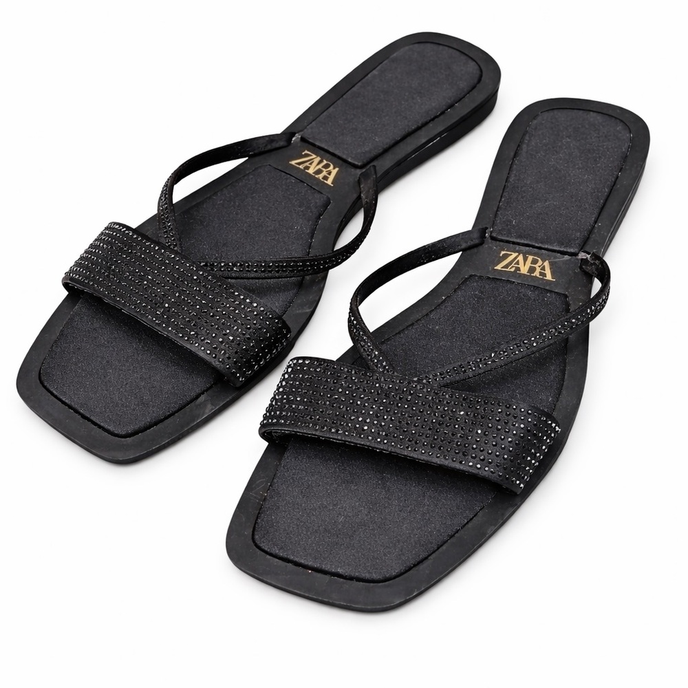 Zara Black Sparkle rhinestone Strap Flats EU 41 (US 9.5–10) – Never Worn
